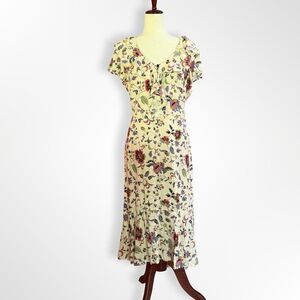 Sui by Anne Sui, VTG 90s Cream Floral Ruffle V-Neck Midi Dress, XL Whimsigoth